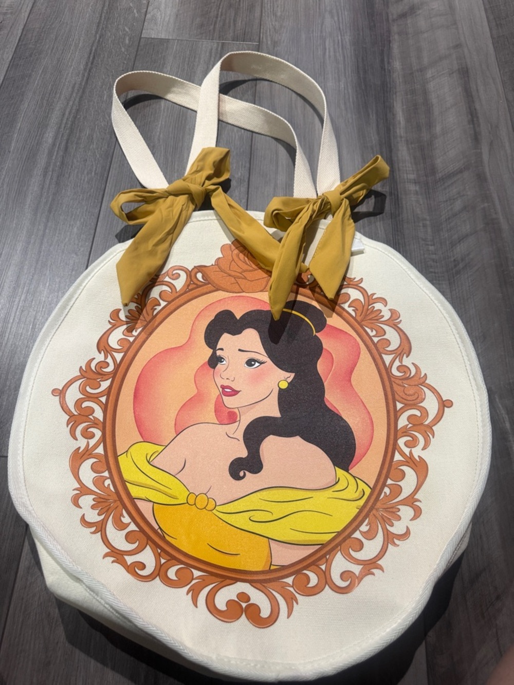 Round Canvas Tote Bag with Yellow Bow and Princess Belle Print